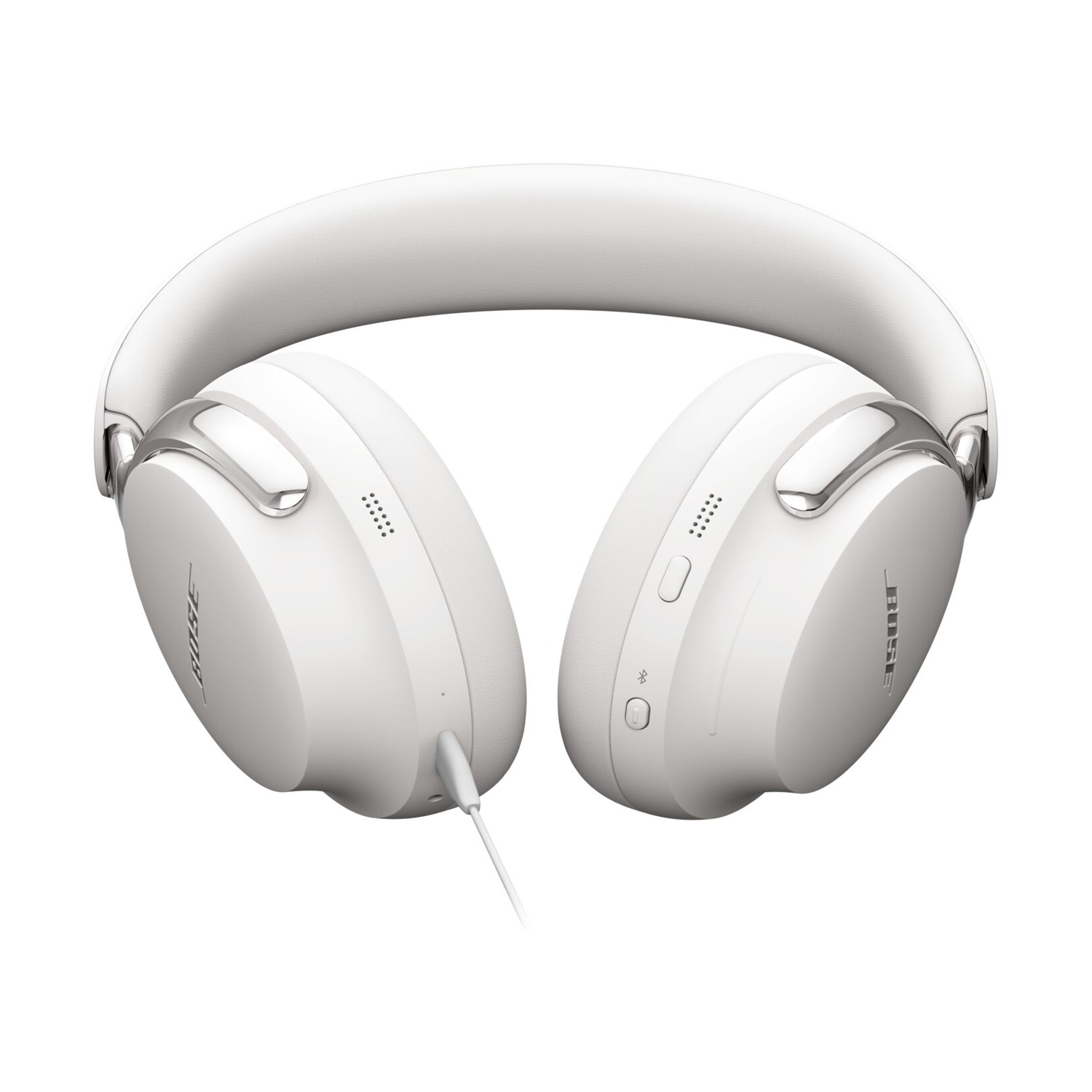 Cuffie Bose bianche su sfondo bianco. Presenta padiglioni, archetto e filo.