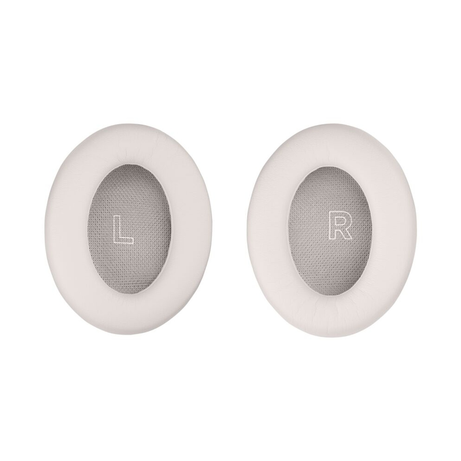 Due cuscinetti auricolari ovali bianchi, uno con 'L' e l'altro con 'R' in grigio. Entrambi su sfondo bianco, che indica sinistra e destra.