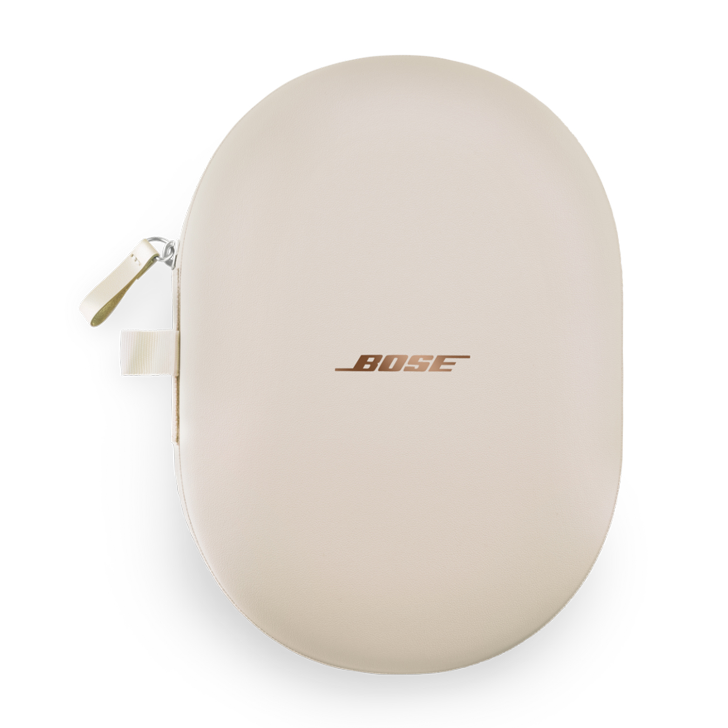 Custodia ovale color crema per cuffie Bose con cerniera e manico. Il logo Bose è visibile.