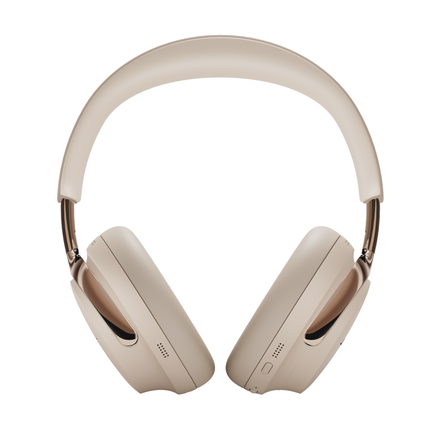 Cuffie beige con dettagli dorati, su sfondo bianco. Le cuffie sono di tipo sovraurale, con un archetto curvo.