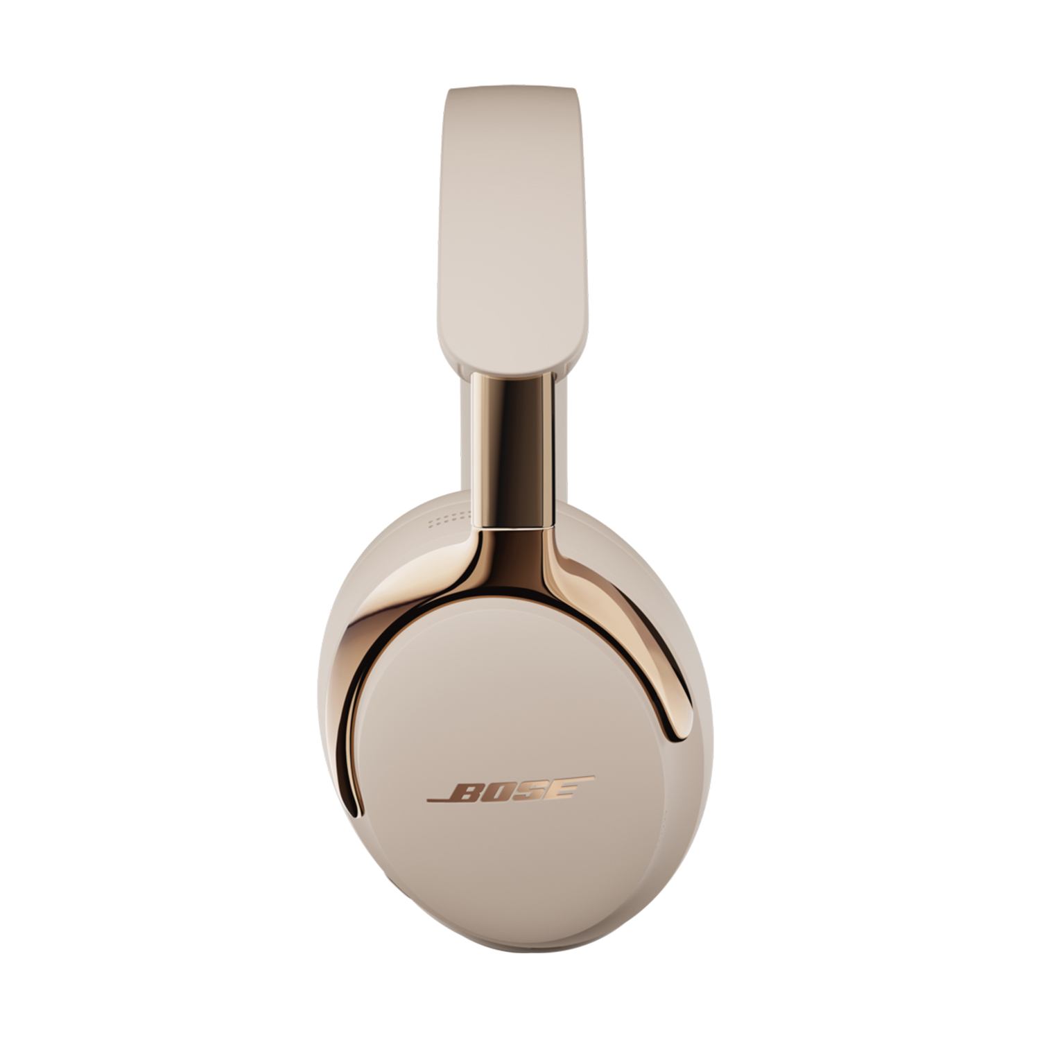 Cuffie Bose color beige e oro isolate su bianco. Le cuffie mostrano il logo Bose e hanno un accento dorato metallico.