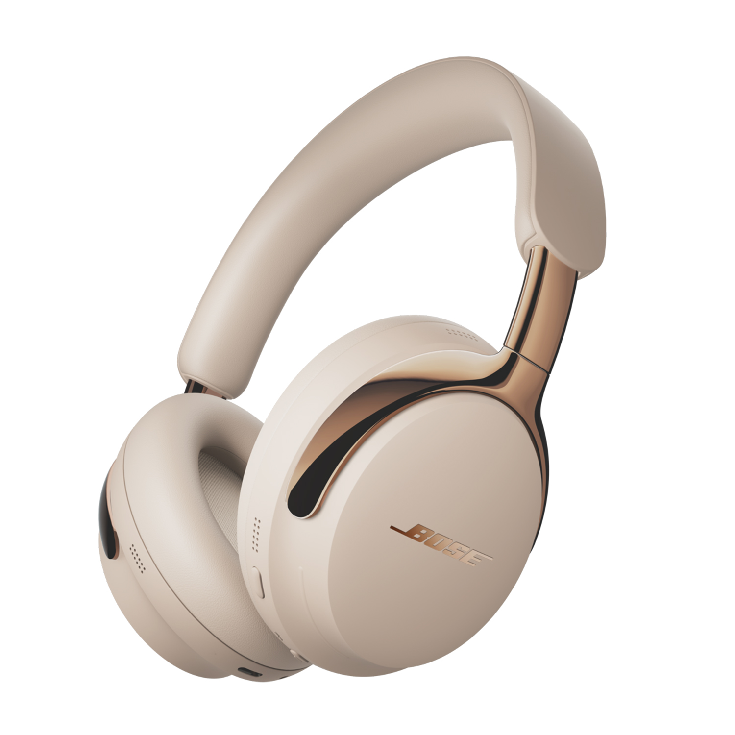 Cuffie Bose beige con dettagli dorati su sfondo bianco. Cuffie over-ear con logo del marchio.