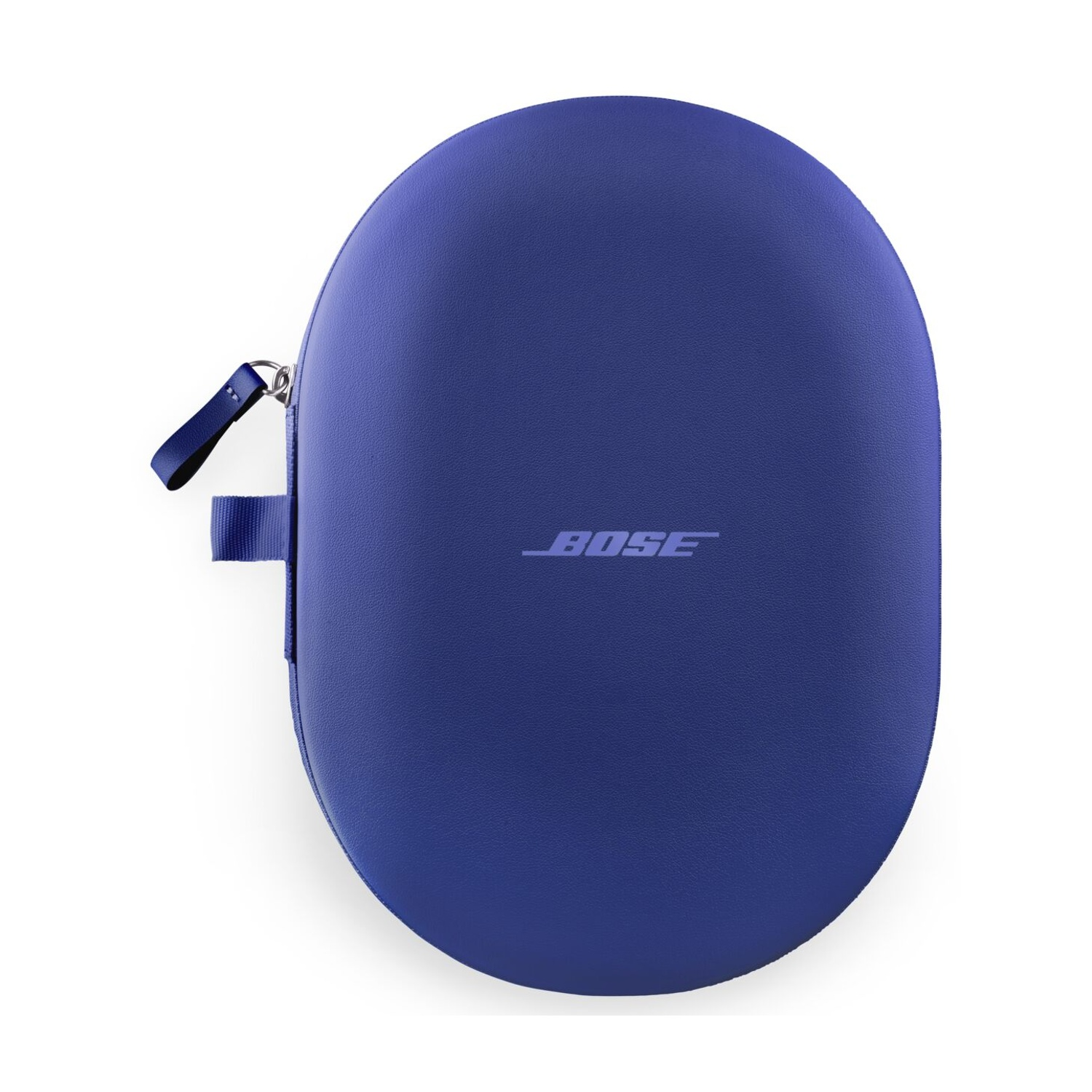 Una custodia per cuffie Bose blu scuro. La custodia è ovale, con cerniera e cinturino laterale. Il logo Bose è stampato.