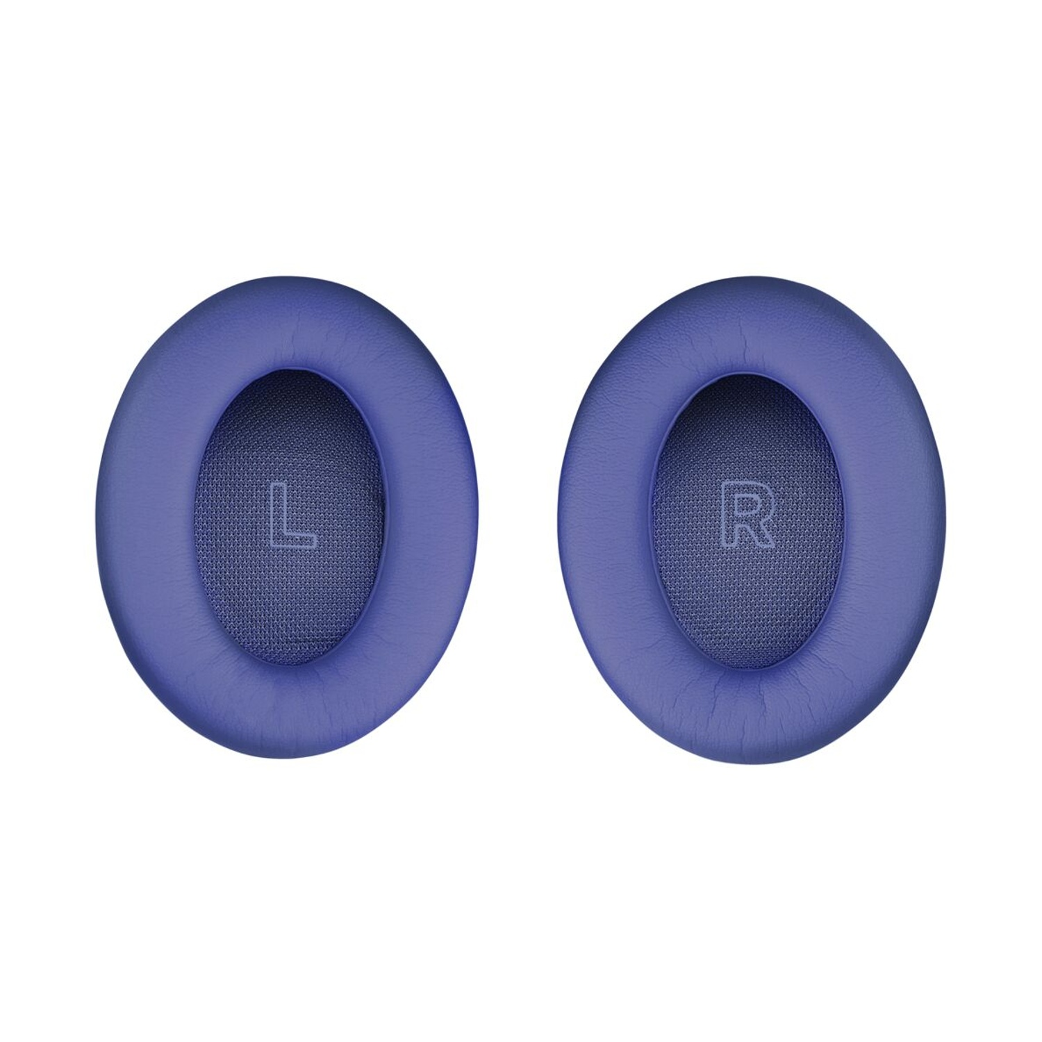 Due cuscinetti auricolari viola per cuffie, uno con 'L', l'altro con 'R'. Entrambi hanno un interno in rete e sono su sfondo bianco.