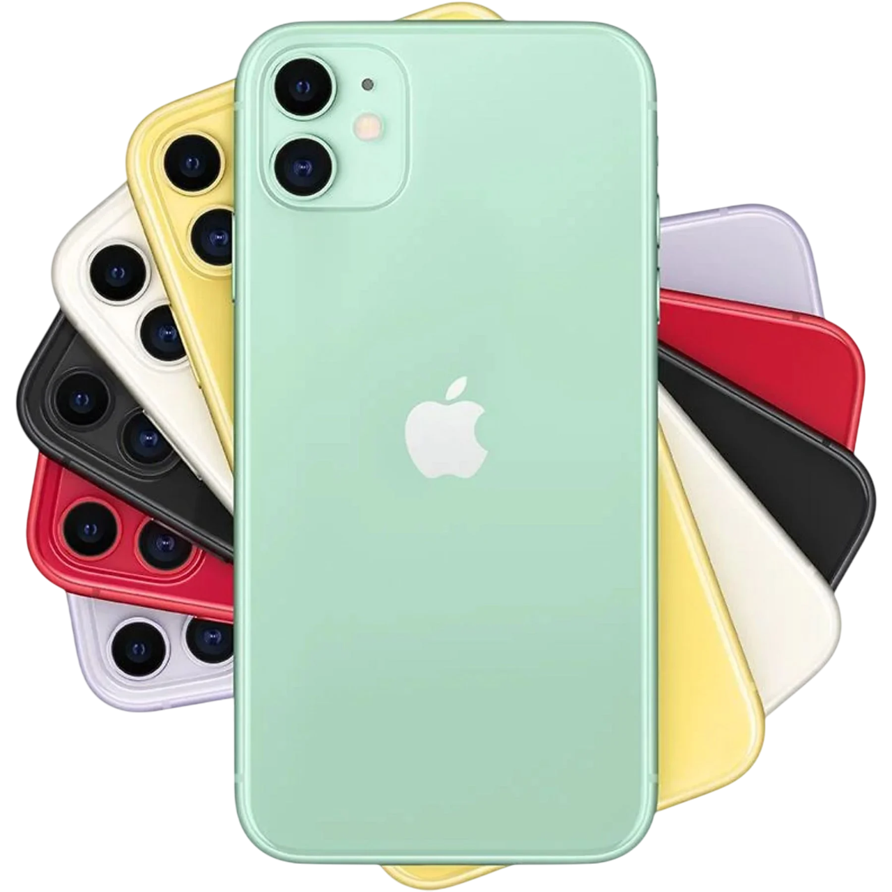 Çeşitli renkli akıllı telefonlar düzenlenmiş. Ortada bir Apple logosu olan açık yeşil bir telefon var. Diğer telefonlar sarı, kırmızı ve siyahtır.