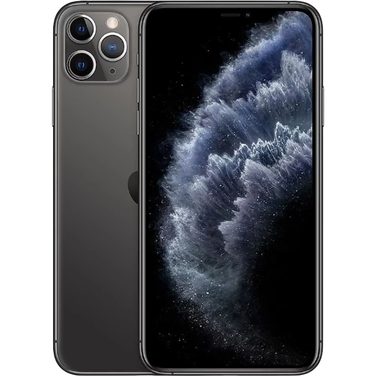 Siyah arka planda, üç lensli kameraya sahip, ekranında bulutsu bir arka plan görünen koyu gri bir iPhone.
