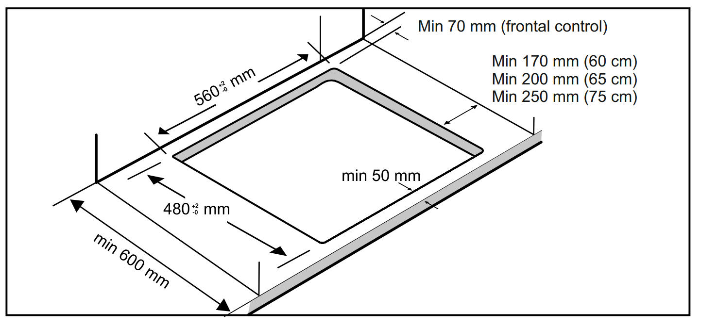 Téglalap alakú kivágás diagramja méretekkel és minimális távolságokkal, milliméterben, a telepítéshez.