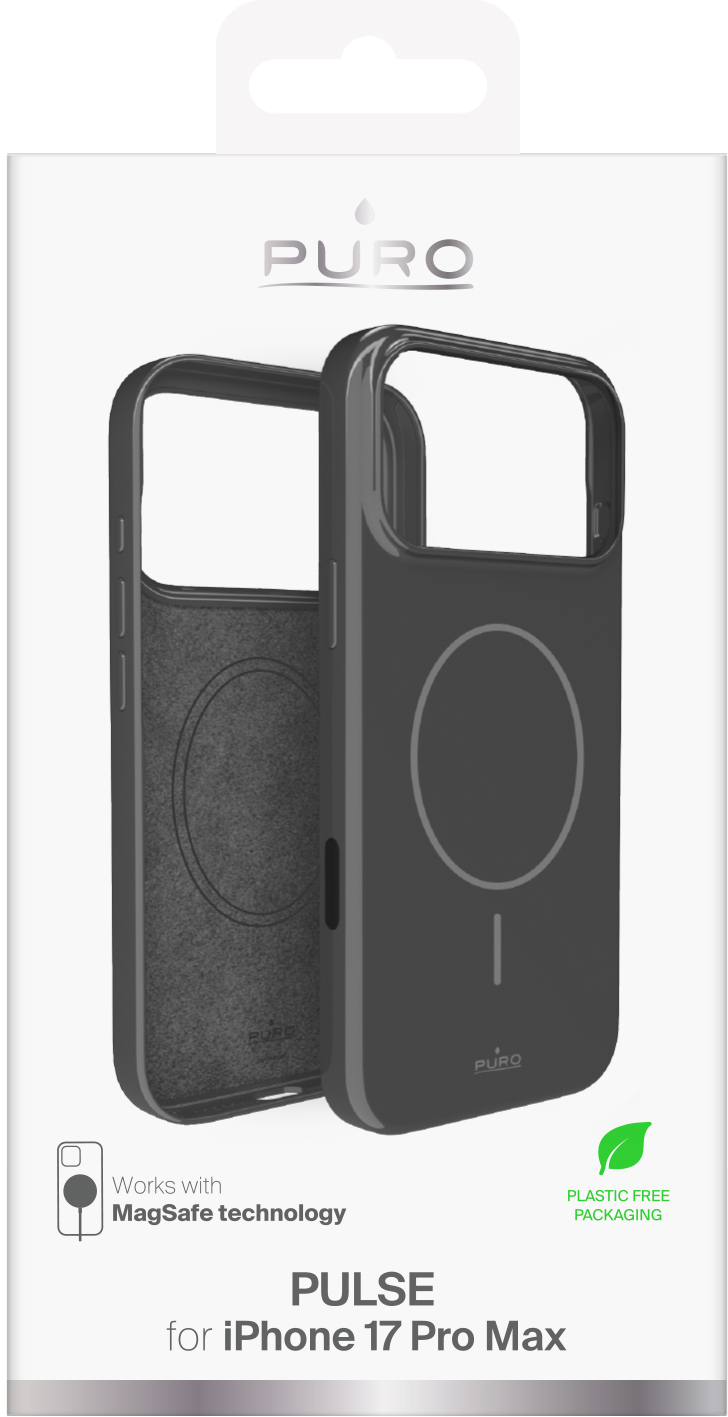 Czarne etui na telefon dla iPhone 17 Pro Max, z technologią MagSafe. Etui znajduje się na białym tle. Marka to PURO.