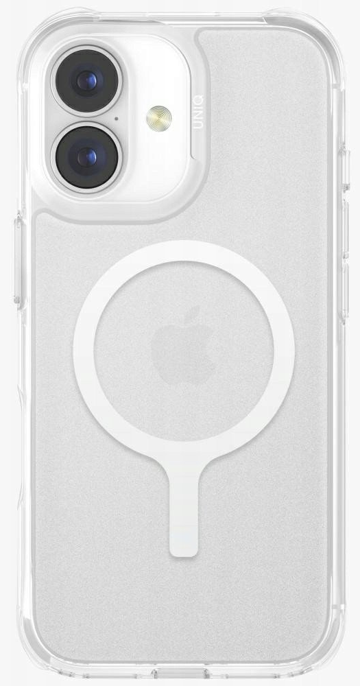 Przezroczyste etui na telefon z pierścieniem MagSafe. Etui ma wycięcie na aparat i logo Apple. Tył jest teksturowany. Etui znajduje się na białym tle.