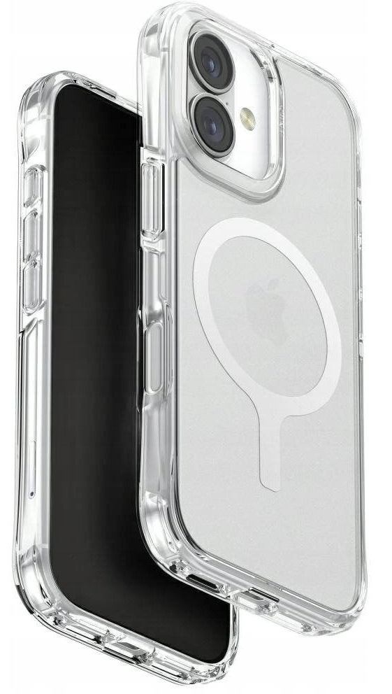 Przezroczyste etui na iPhone'a. Telefon jest czarny. Etui ma białe kółko MagSafe z logo Apple.