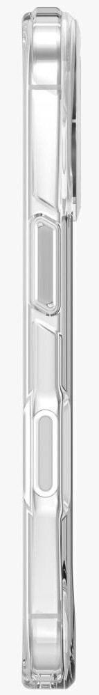 Przezroczyste, przezroczyste etui na telefon pokazano z boku. Ma błyszczące wykończenie z prostokątnymi i zaokrąglonymi kształtami.