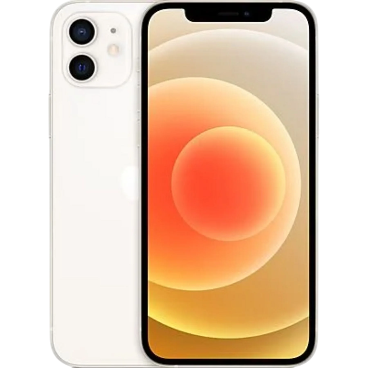 Turuncu ve sarı gradyan gösteren bir ekranı olan beyaz bir iPhone 12. Kamerada iki lens var.
