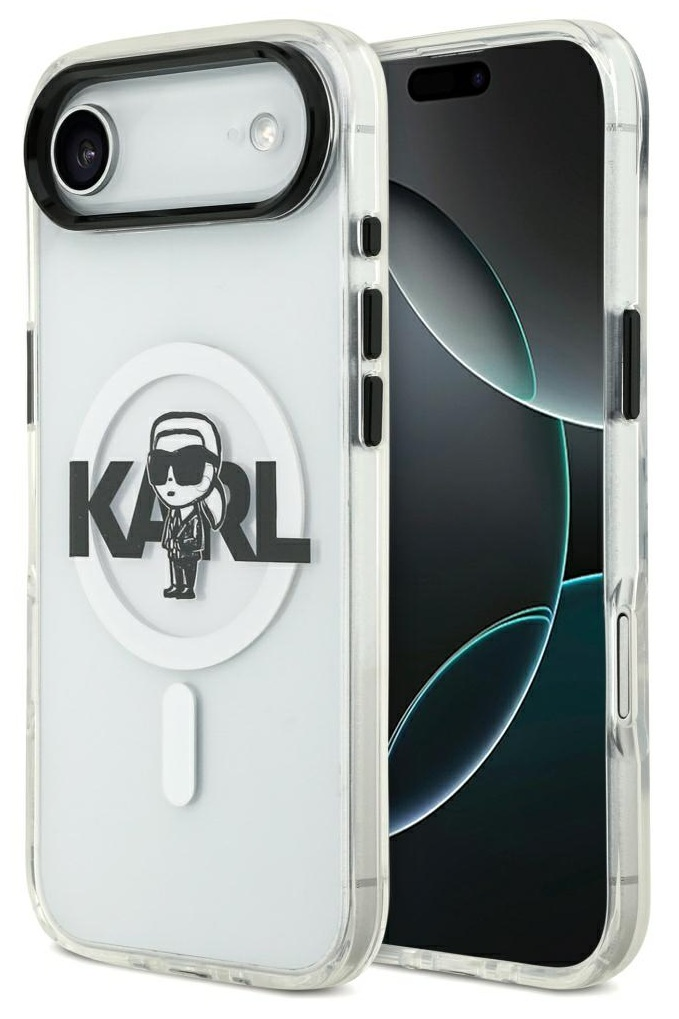 Przezroczyste etui na telefon z czarnymi akcentami, logo Karl Lagerfeld i telefonem w środku. Ekran jest widoczny.