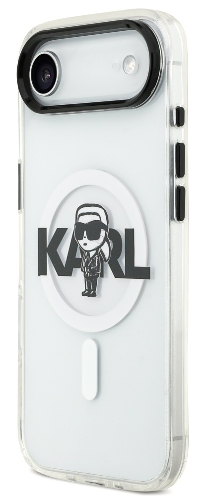 Przezroczyste etui na telefon z czarnym logo Karl Lagerfeld i postacią z kreskówki. Ma aparat i lampę błyskową. Tło jest białe.