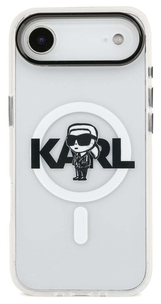 Przezroczyste etui na telefon z logo Karla Lagerfelda i postacią z kreskówki. Telefon ma aparat i białe przyciski.