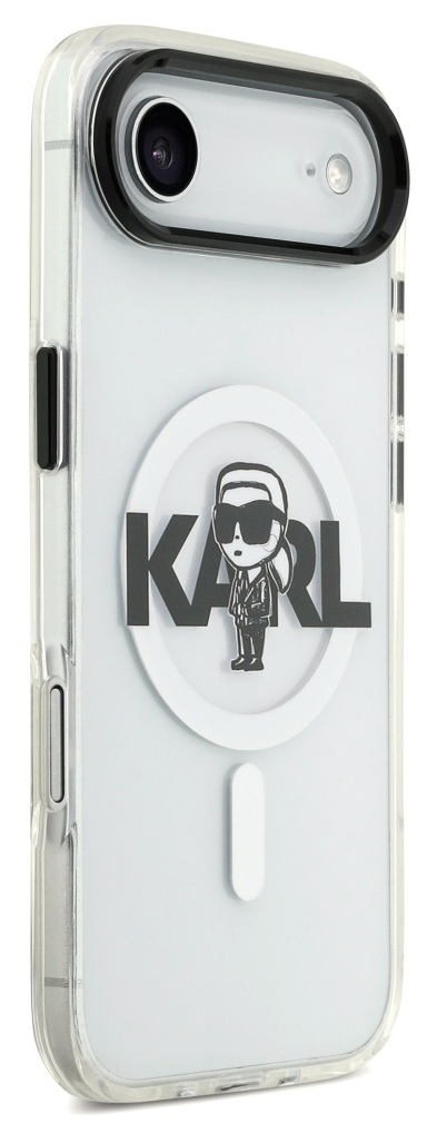 Przezroczyste etui na iPhone'a z czarną ramką aparatu. Logo Karl Lagerfeld, postać w okularach i napis 'KARL'.