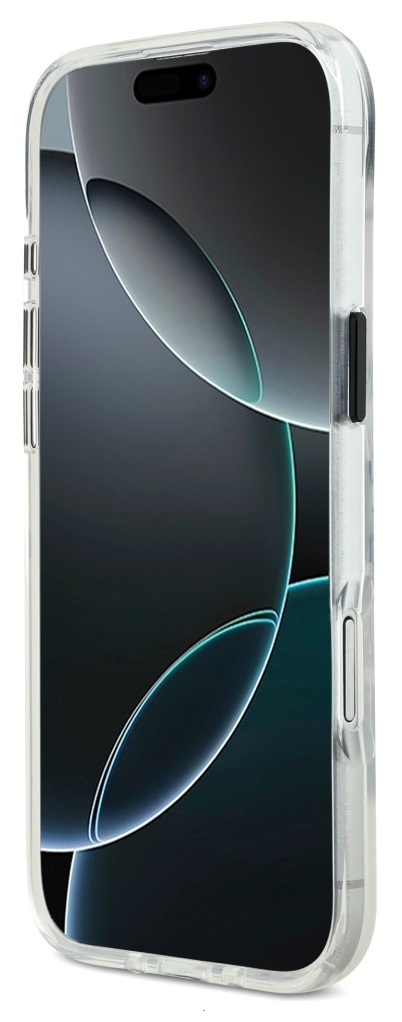 Smartfon w przezroczystym etui. Telefon ma czarny ekran z abstrakcyjnymi kształtami. Jest pochylony w prawo.