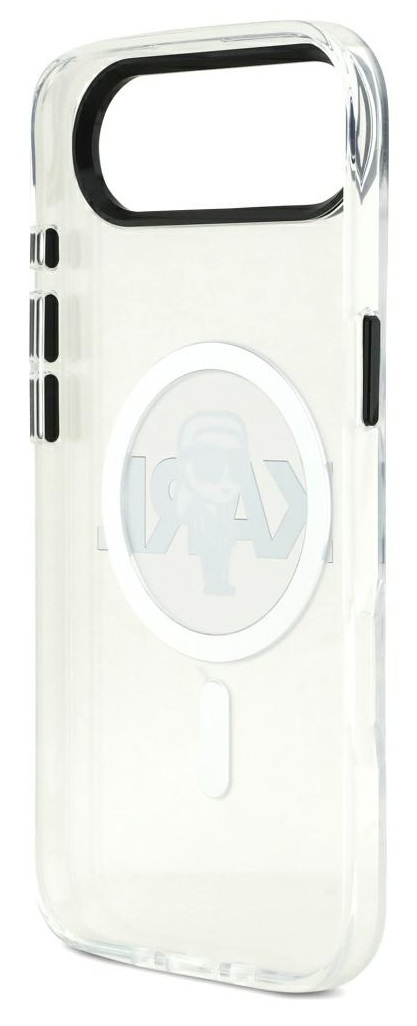 Przezroczyste etui na telefon z czarnymi akcentami. Etui ma okrągłe logo z napisem „KARL”. Tło jest białe.