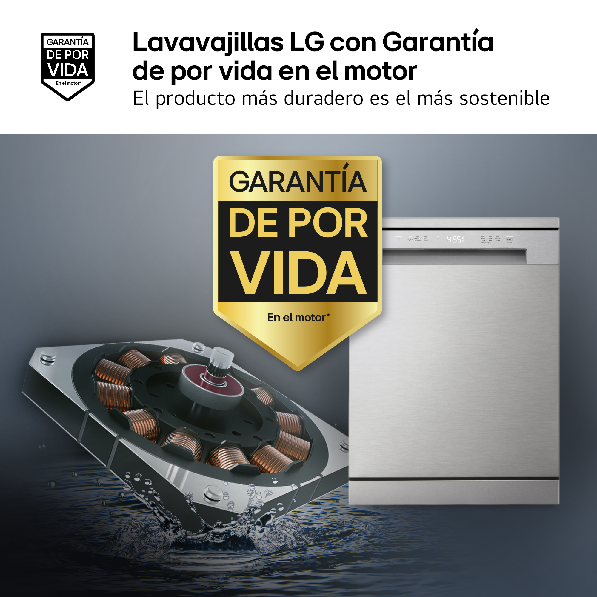 Lavavajillas LG con Garantía de por vida en el motor. El producto más duradero es el más sostenible. Escudo dorado, motor y lavavajillas.