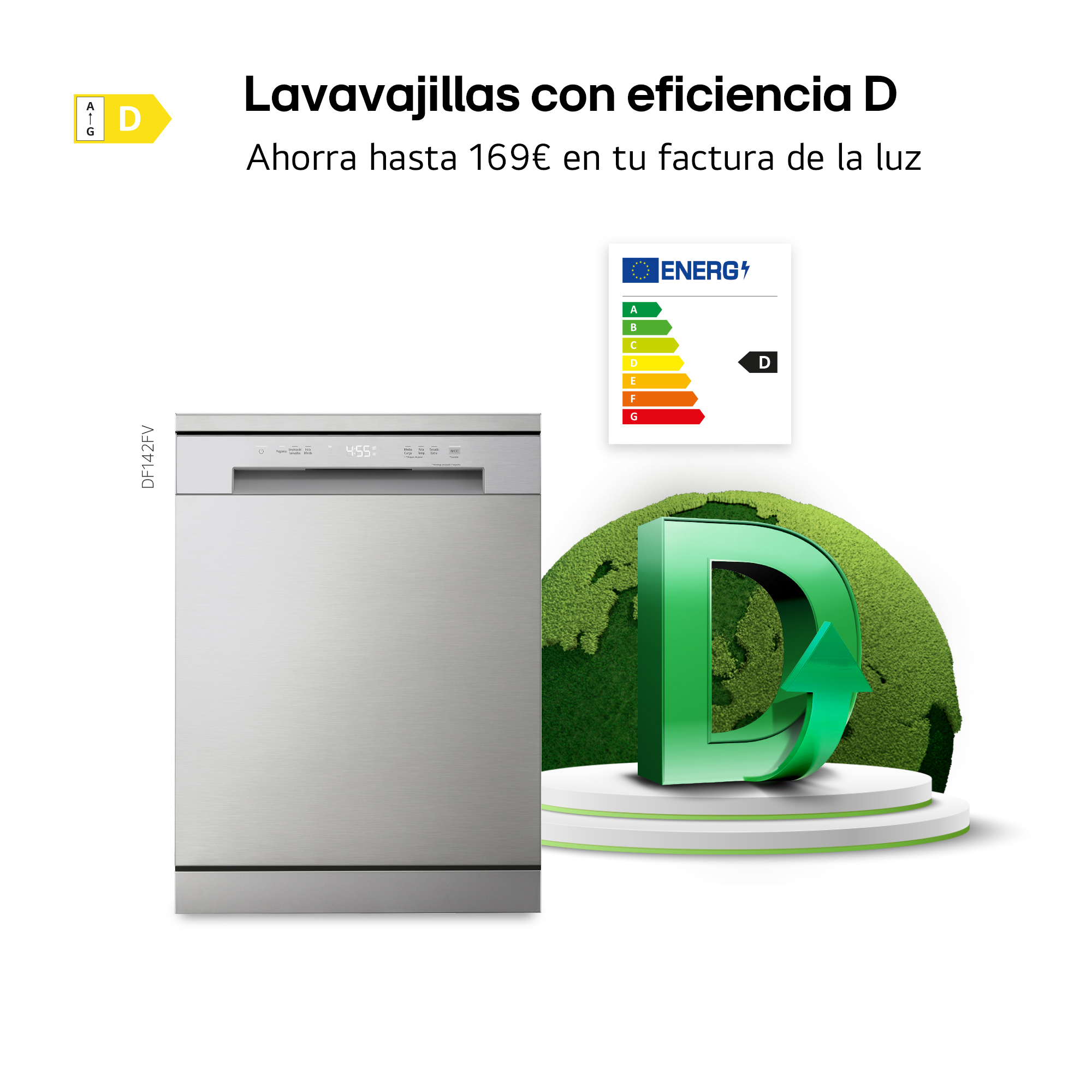 Lavavajillas con eficiencia D. Ahorra hasta 169€ en tu factura de la luz. Lavavajillas inox con icono de etiqueta energética D y globo verde.