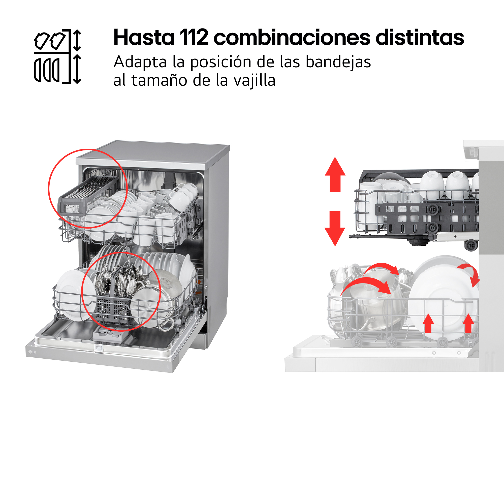 Hasta 112 combinaciones distintas. Adapta la posición de las bandejas al tamaño de la vajilla. Cajón cubiertos y esquema con flechas.