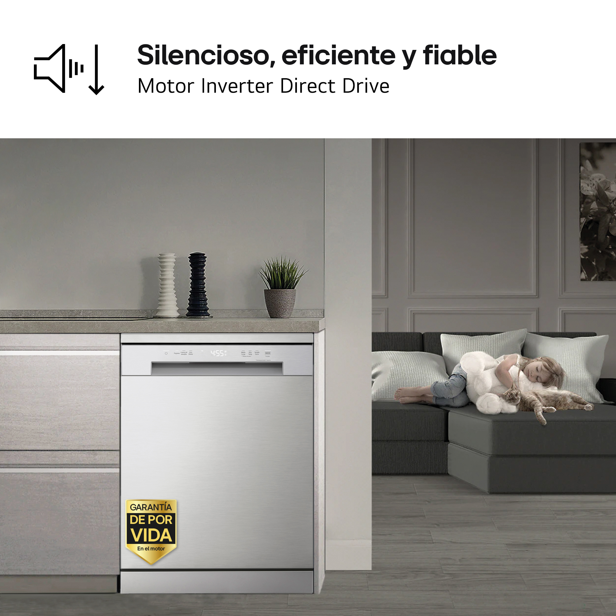 Silencioso, eficiente y fiable. Motor Inverter Direct Drive. Lavavajillas abierto funcionando; niño duerme en sofá al fondo.