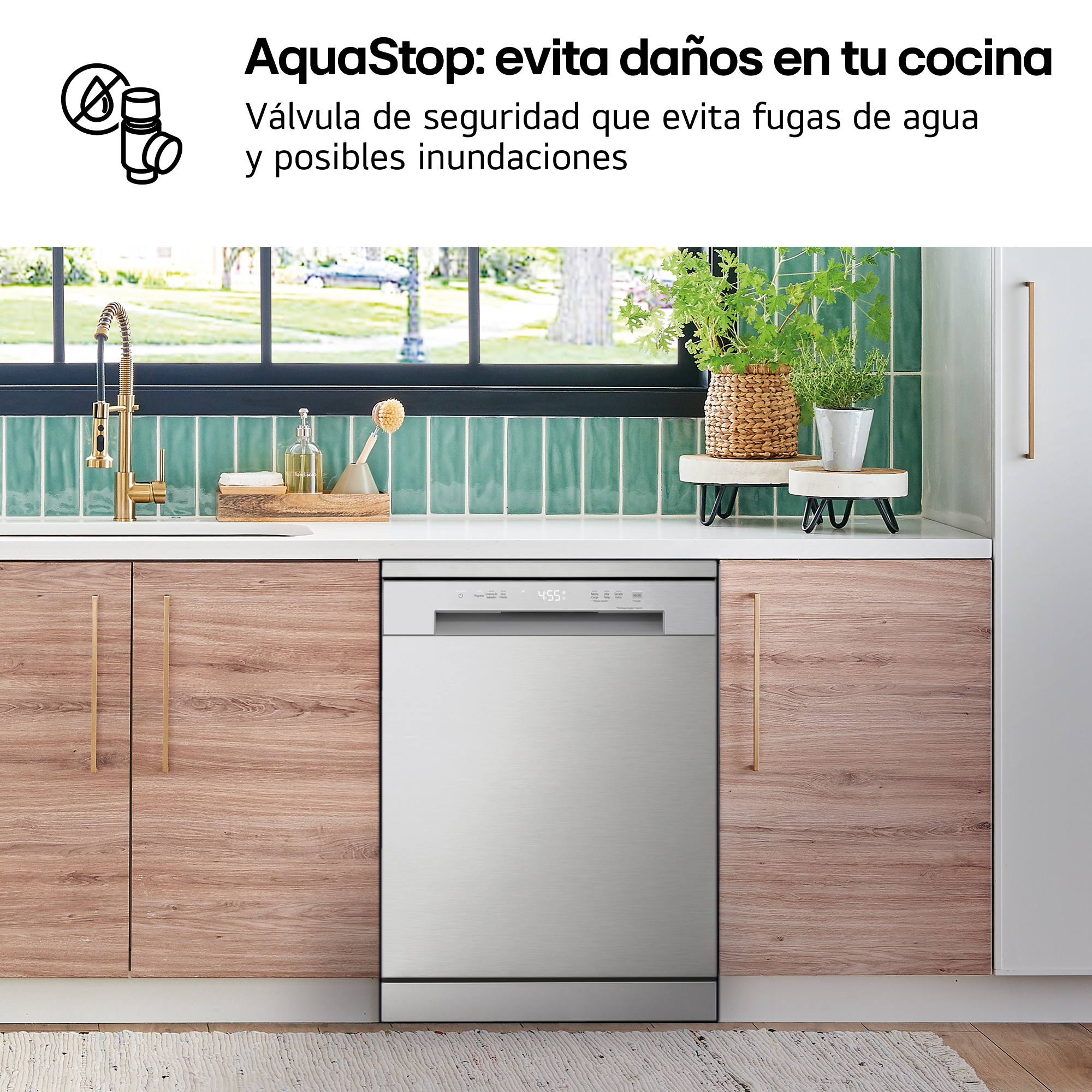 AquaStop: evita daños en tu cocina. Válvula de seguridad que evita fugas de agua y posibles inundaciones. Lavavajillas integrado en cocina.
