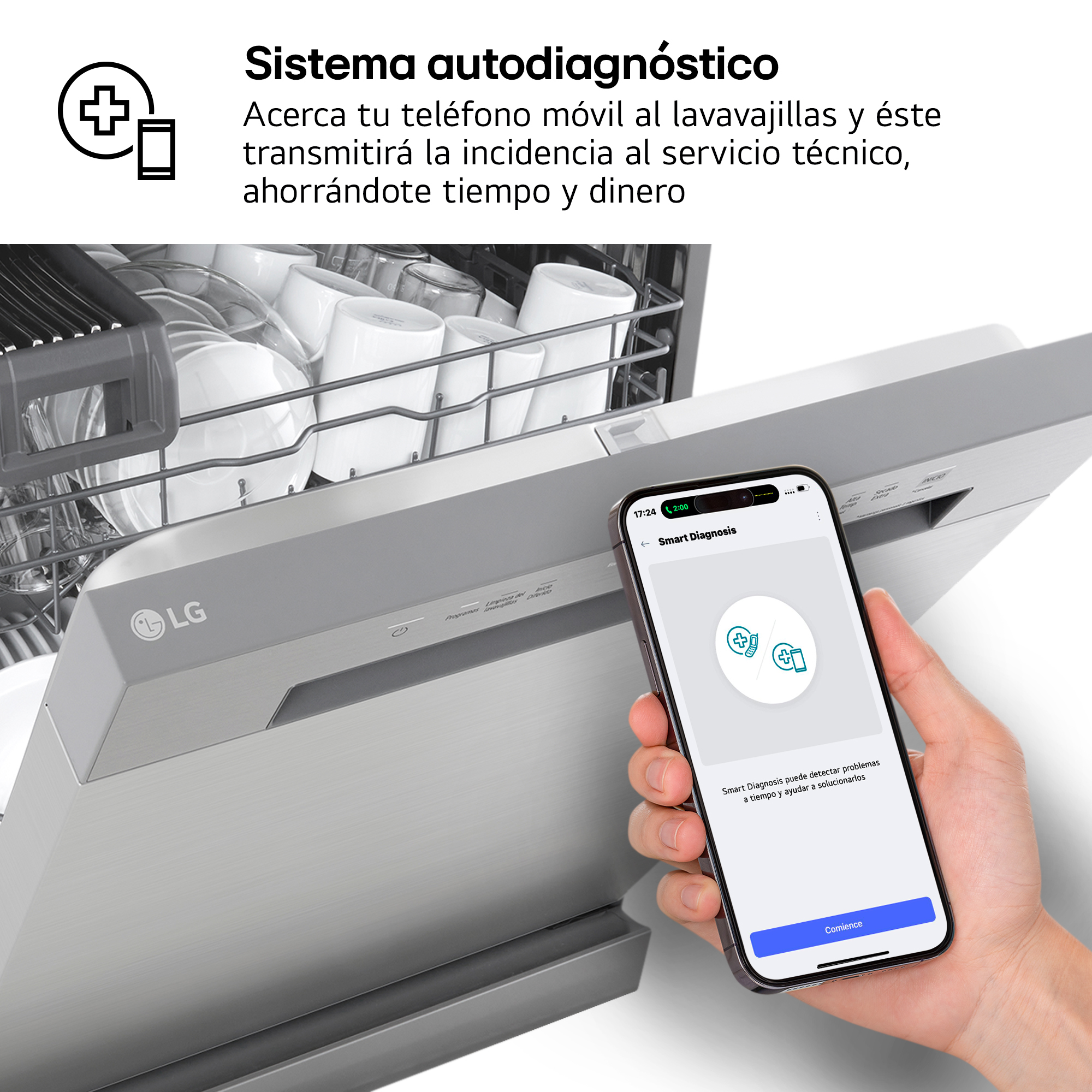 Sistema autodiagnóstico. Acerca tu teléfono móvil al lavavajillas y éste transmitirá la incidencia al servicio técnico, ahorrándote tiempo y dinero. Mano con móvil.