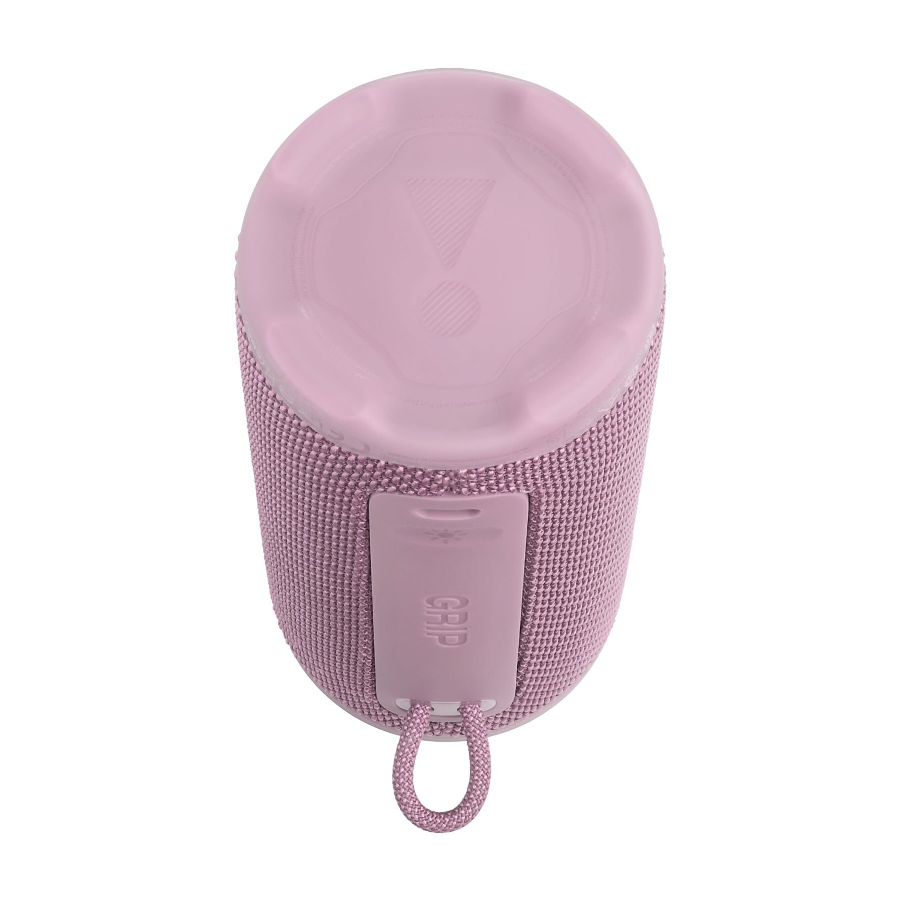 Różowy głośnik z materiałowym wykończeniem. Ma uchwyt i pętlę na smycz. Górna część jest jaśniejsza różowa z tekstem.