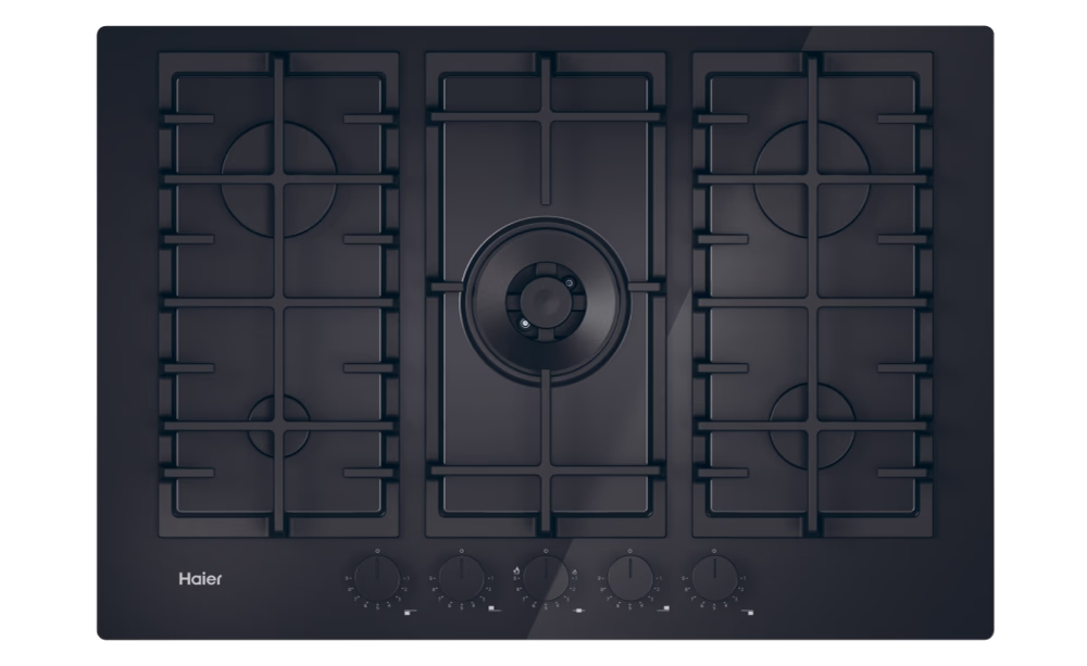 HAIER HAVG75TBPB Beépíthető gáz főzőlap 75 cm, fekete, 4+1 wok égő, öntöttvas rács, PreciFlame