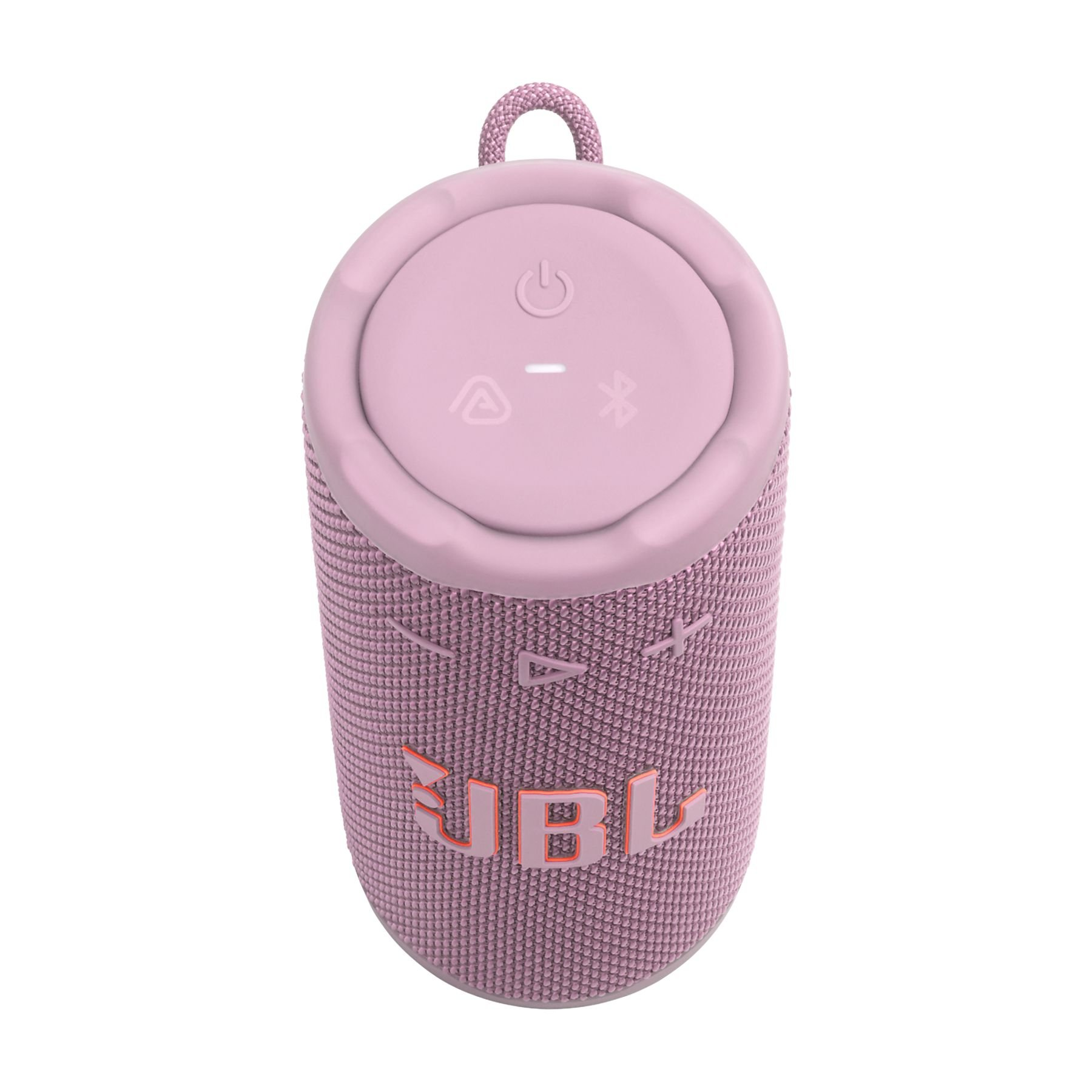 Różowy głośnik przenośny JBL. Posiada przycisk zasilania, regulację głośności i logo JBL.