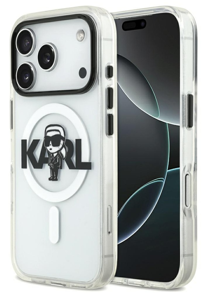 Przezroczyste etui na telefon z logo Karla Lagerfelda. Czarno-biały design, telefon z potrójnym aparatem. Czarny ekran.