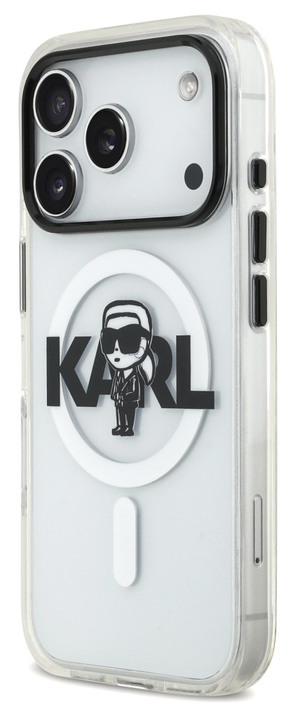 Przezroczyste etui na telefon z motywem Karla Lagerfelda. Z czarno-białym logo i białym okręgiem magnetycznym.