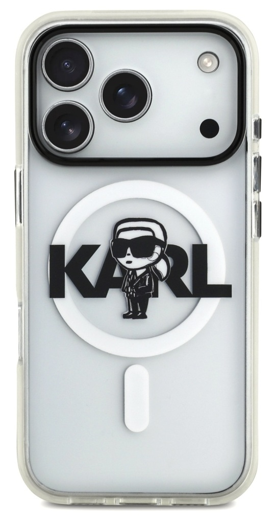 Etui na telefon z motywem Karla Lagerfelda. Zawiera czarno-białe logo i aparat telefoniczny.