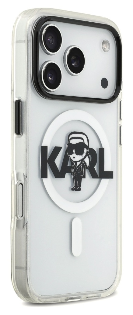 iPhone w przezroczystym etui z logo Karla Lagerfelda. Etui ma czarną ramkę i biały wzór.