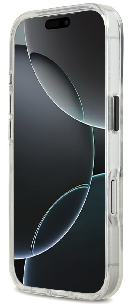 Przezroczyste etui chroni smartfon. Ekran wyświetla ciemny, abstrakcyjny wzór. Etui ma przyciski.