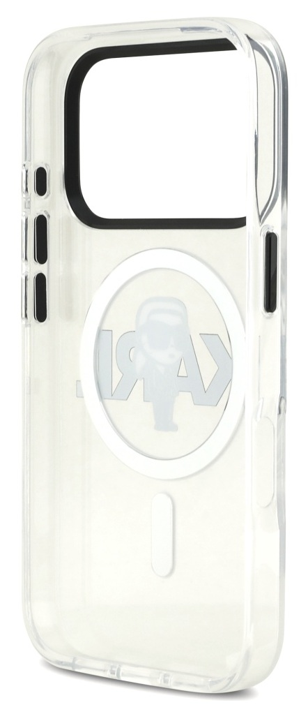 Przezroczyste etui na telefon z czarną obwódką aparatu. Logo Karl Lagerfeld pośrodku. Widoczne przyciski i otwory.