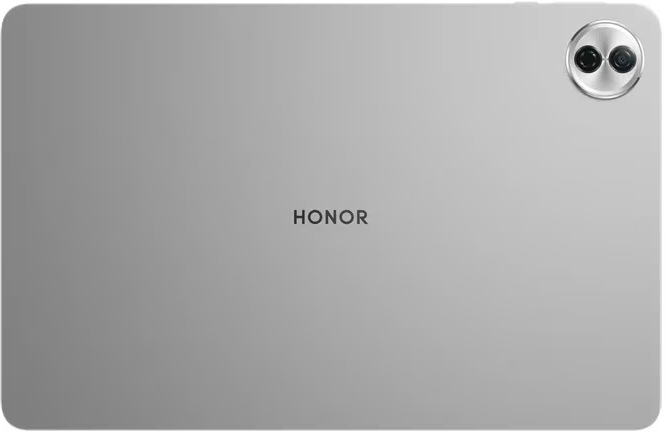Egy ezüst HONOR tablet. Kettős kameramodullal és a márka logójával rendelkezik. A tablet hátlapja fém, lekerekített sarkokkal.