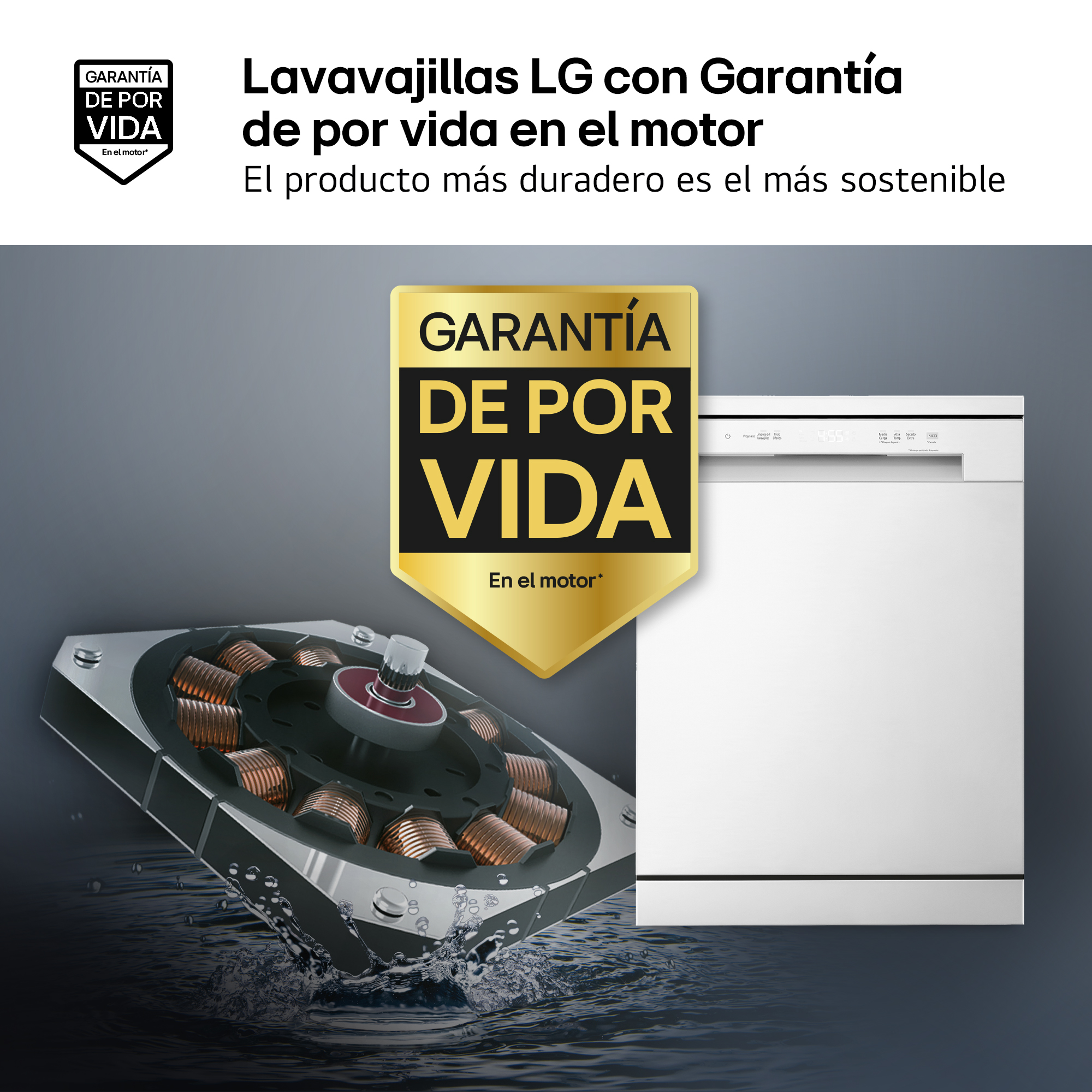 La imagen muestra un lavavajillas, un motor y texto de garantía. El lavavajillas es blanco, el motor es metálico.