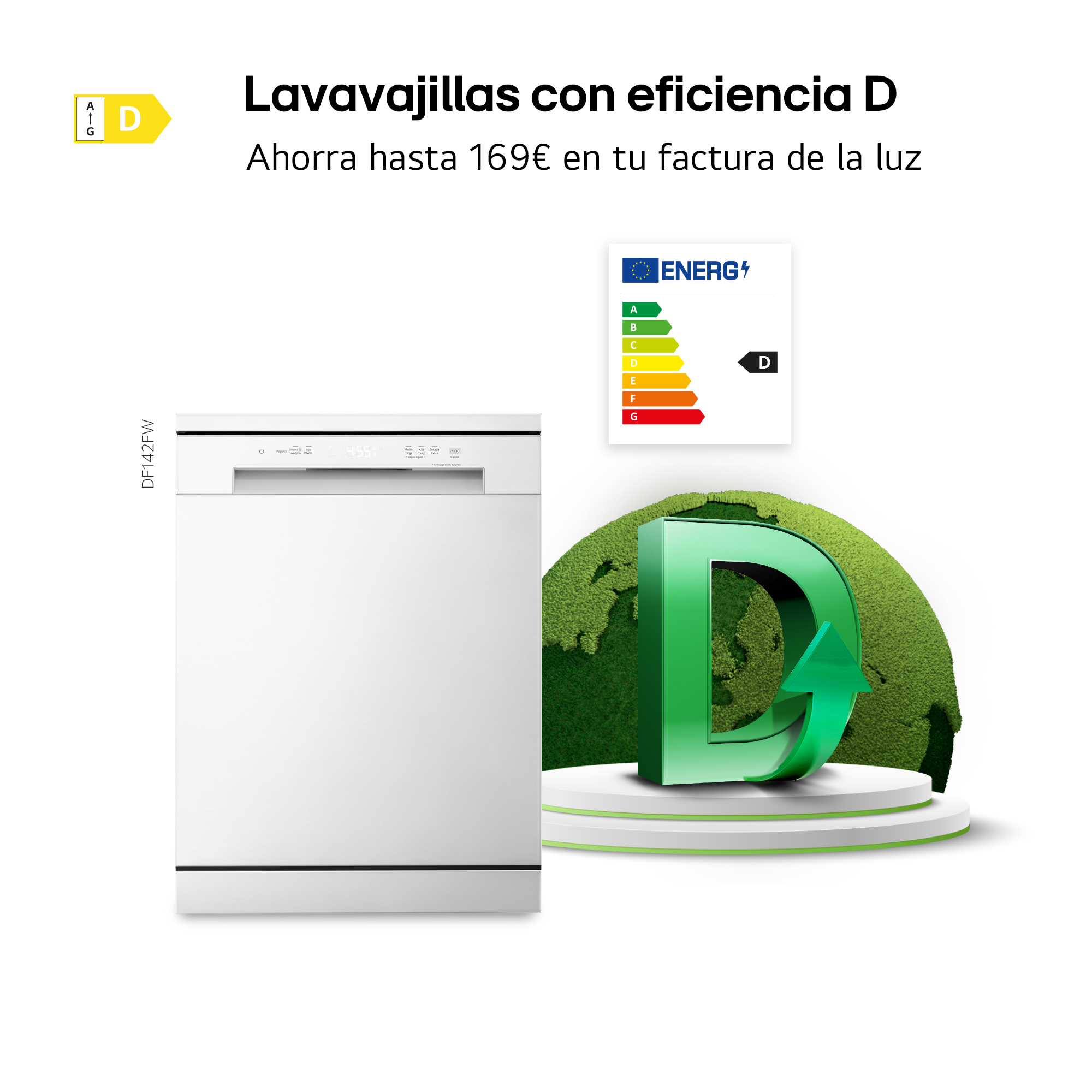 Lavavajillas blanco con etiqueta de eficiencia energética D. D verde con flecha, sugiere ahorro energético. Texto: Ahorra hasta 169€.