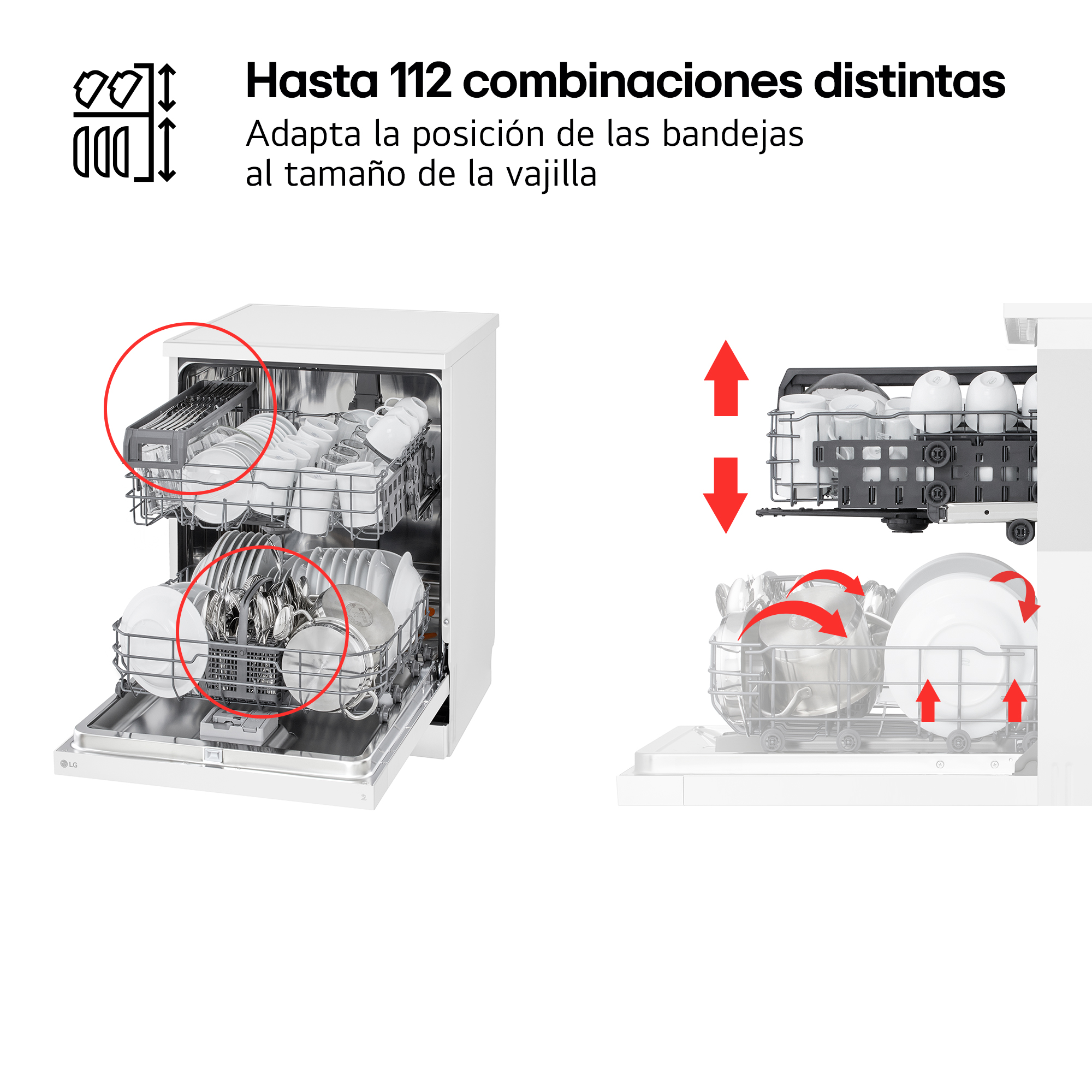 Lavavajillas con platos en rejillas. Flechas indican posiciones ajustables. Texto: 'Hasta 112 combinaciones'.