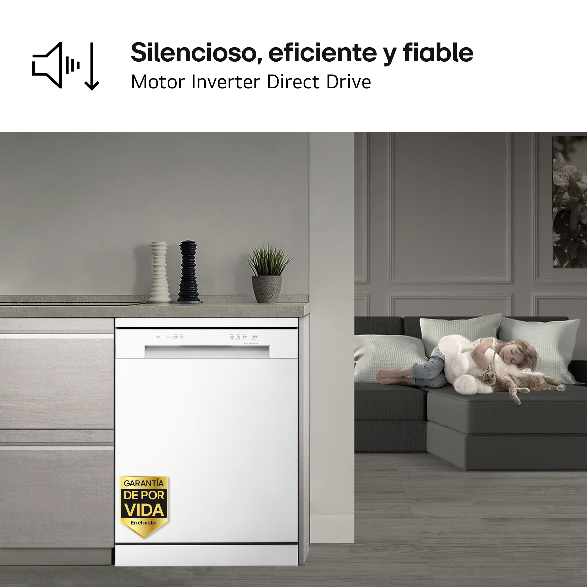 Un lavavajillas blanco está en una cocina. Un niño y un gato duermen en un sofá. Texto: Silencioso, eficiente y fiable.