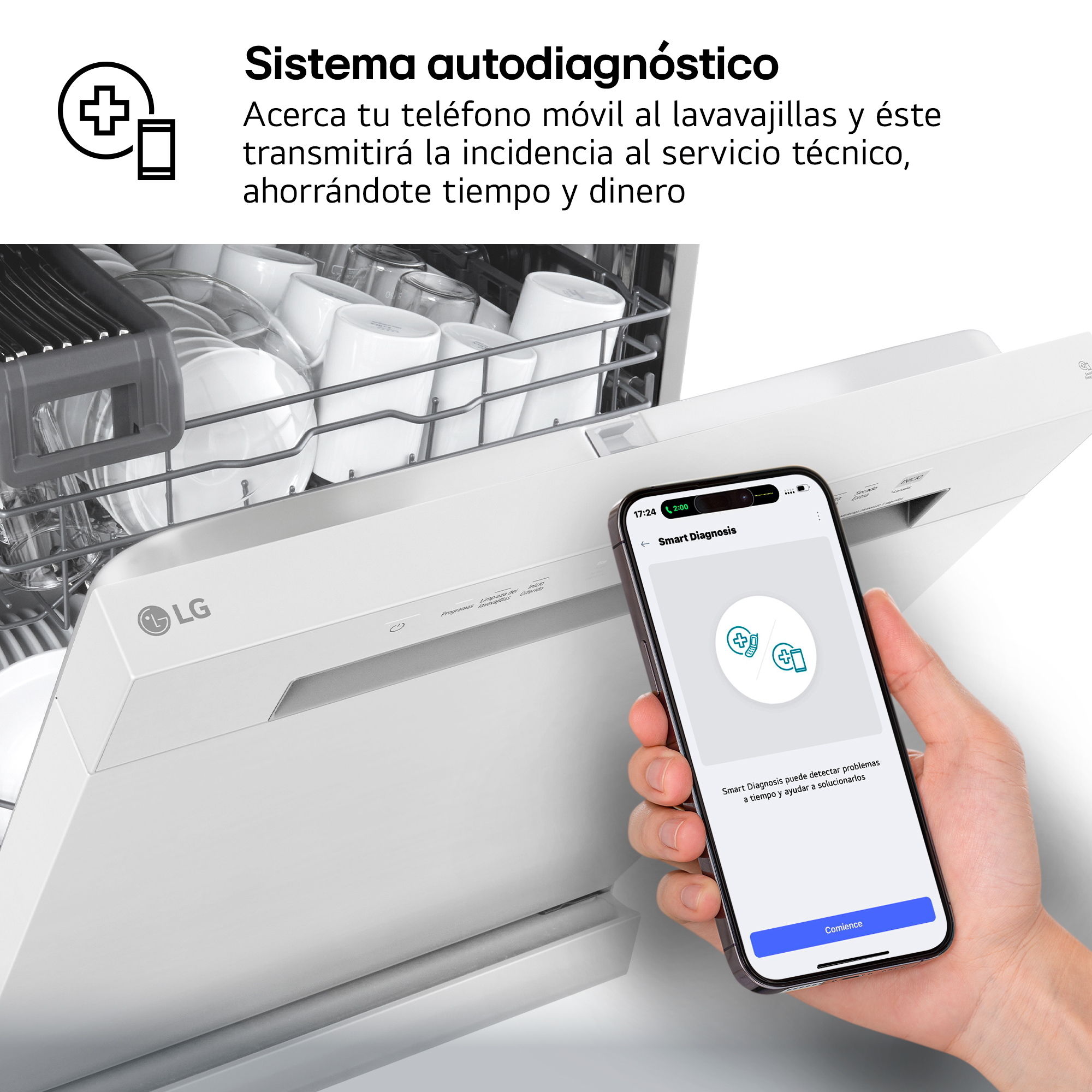 Sistema autodiagnóstico. Acerca tu teléfono móvil al lavavajillas y éste transmitirá la incidencia al servicio técnico, ahorrándote tiempo y dinero. Mano con móvil.