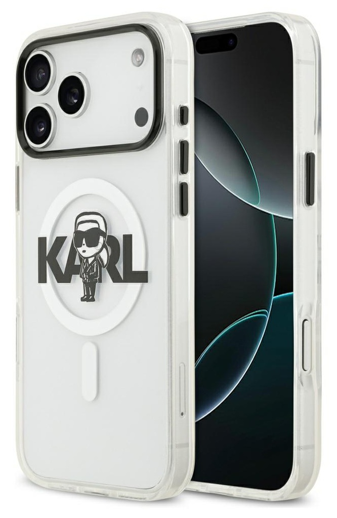 Przezroczyste etui na telefon z logo Karla Lagerfelda i telefonem w środku. Etui ma czarny kontur i logo.