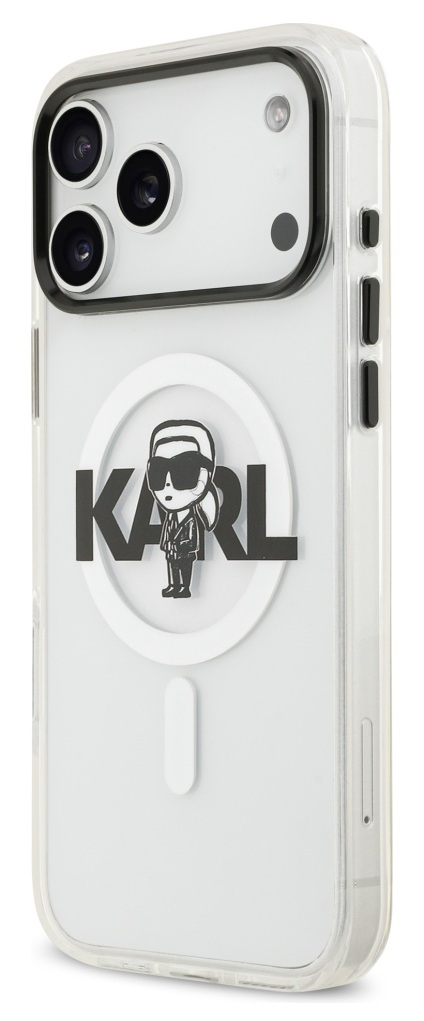 Przezroczyste etui na telefon z czarno-białym wzorem Karla Lagerfelda. Na białym iPhonie, widać kamery.