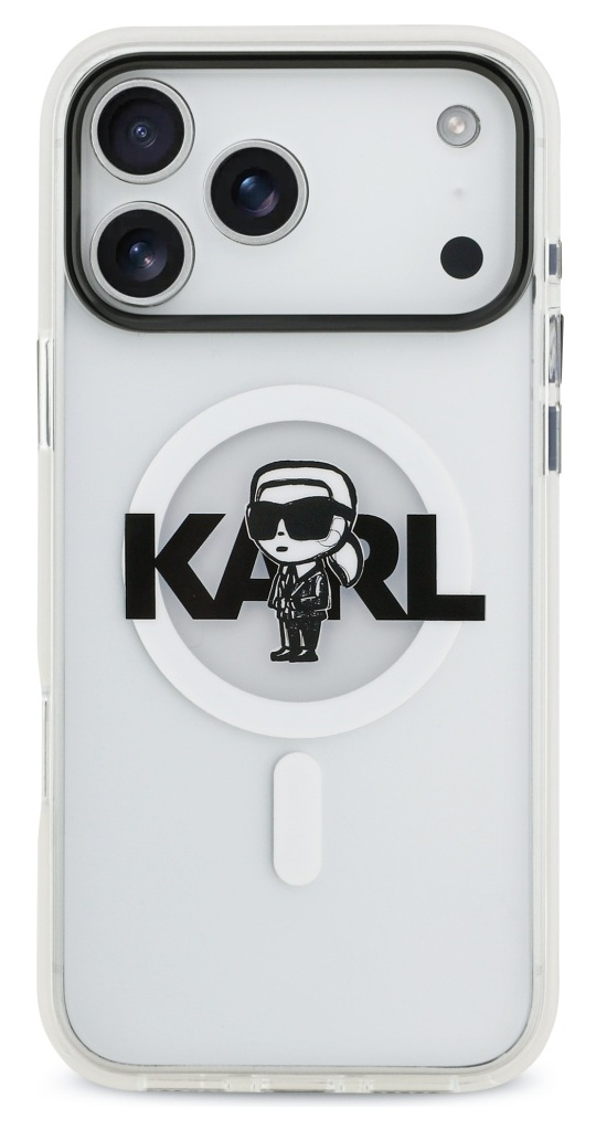 Przezroczyste etui na telefon z designem Karla Lagerfelda. Posiada aparat i figurkę Karla w okularach przeciwsłonecznych.
