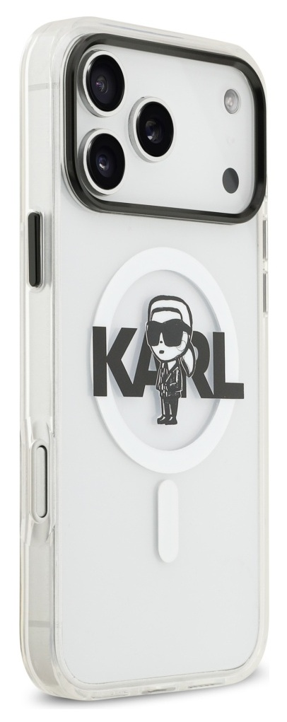 Przezroczyste etui na iPhone'a z motywem Karla Lagerfelda. Zawiera napis 'KARL' z postacią z kreskówki i aparat telefonu.