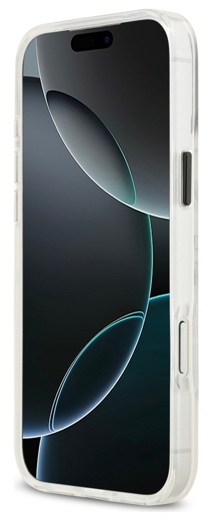 Przezroczyste etui na czarnym telefonie. Telefon jest lekko pochylony, widać ekran i boczne przyciski.