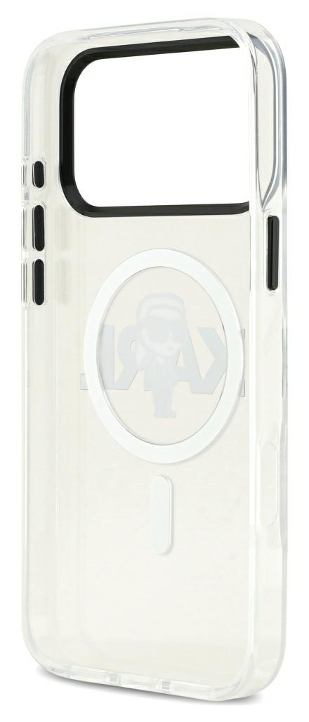 Przezroczyste etui na telefon z czarnymi akcentami. Posiada białe logo Karl Lagerfeld. Białe koło na środku. Przezroczysty tył.