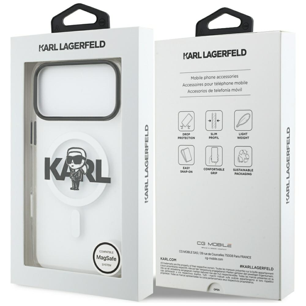 Pudełko na etui na telefon Karl Lagerfeld, białe z czarnymi akcentami. Etui jest widoczne, z widocznym logo Karl.